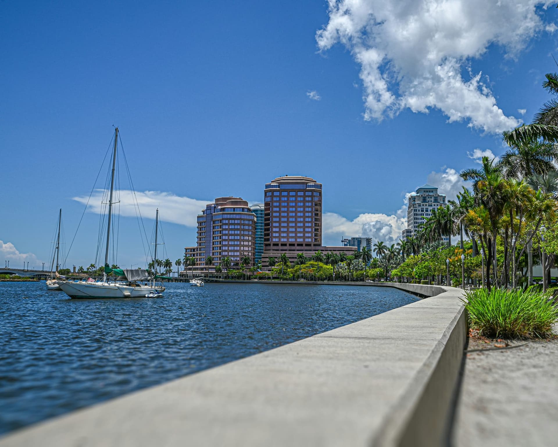 Sailboats moored off the downtown West Palm Beach waterfront