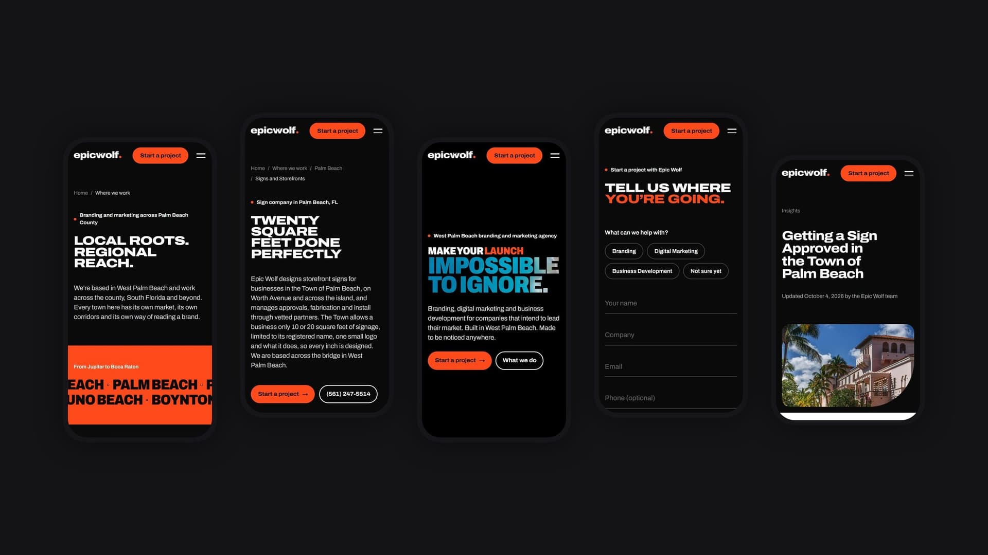 Three phones showing Epic Wolf pages: a town page, the home page and the inquiry form